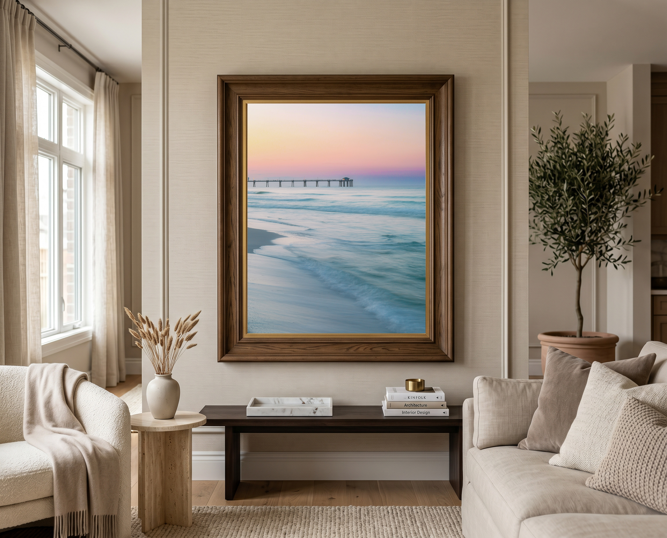 Warm living room with pier sunset portrait framed print